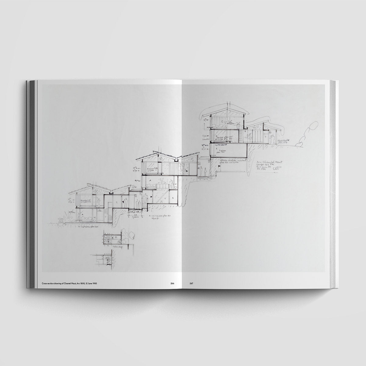 Inside page of Charlotte Perriand catalogue featuring cross-section drawing of a building.
