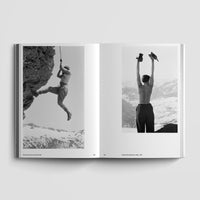 Inside page of Charlotte Perriand catalogue featuring Charlotte Perriand rock climbing.