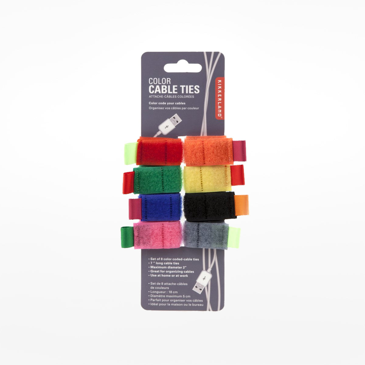 Colourful Cable Ties with grey packaging on a white background