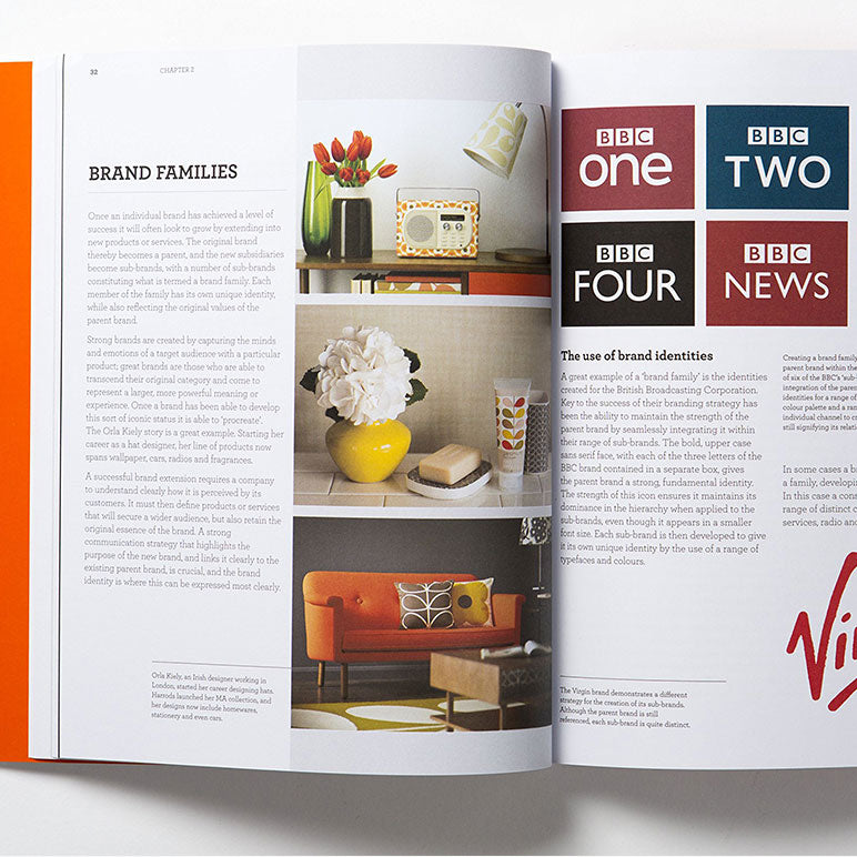 White interior pages with orange and yellow images and black text on a white background