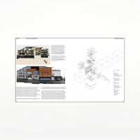 Interior pages with building blueprints and black text on a white background
