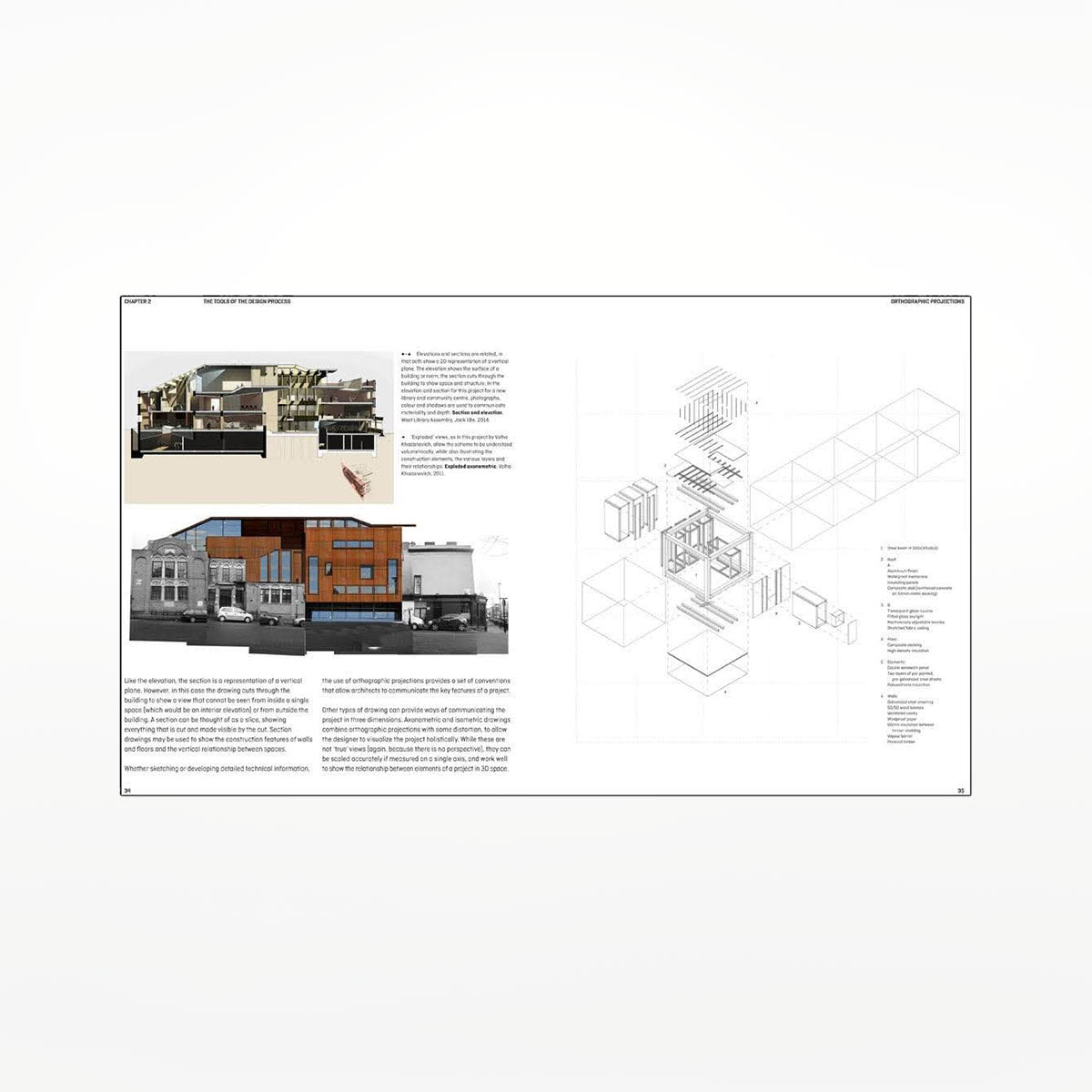 Interior pages with building blueprints and black text on a white background