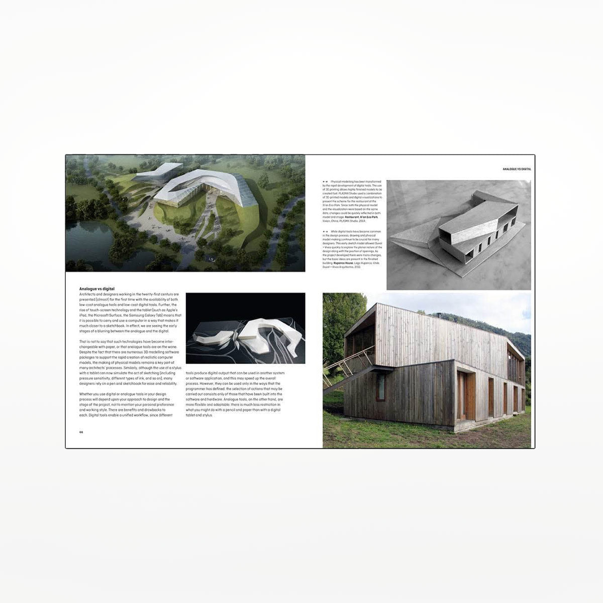 Interior pages with images of buildings and black text on a white background