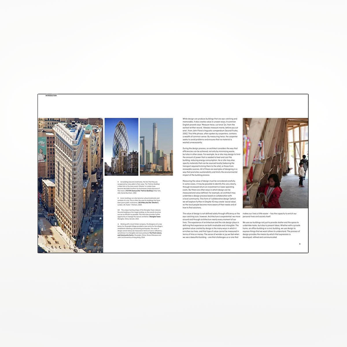 Interior pages with pictures of buildings and black text on a white background