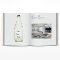 White pages with grey pictures of tables and a bottle on a white background