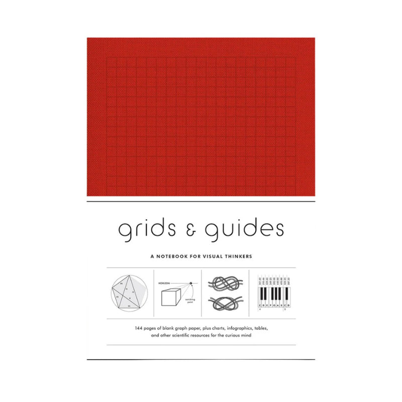 Red Grids & Guides notebook cover with black text and diagrams on a white background 