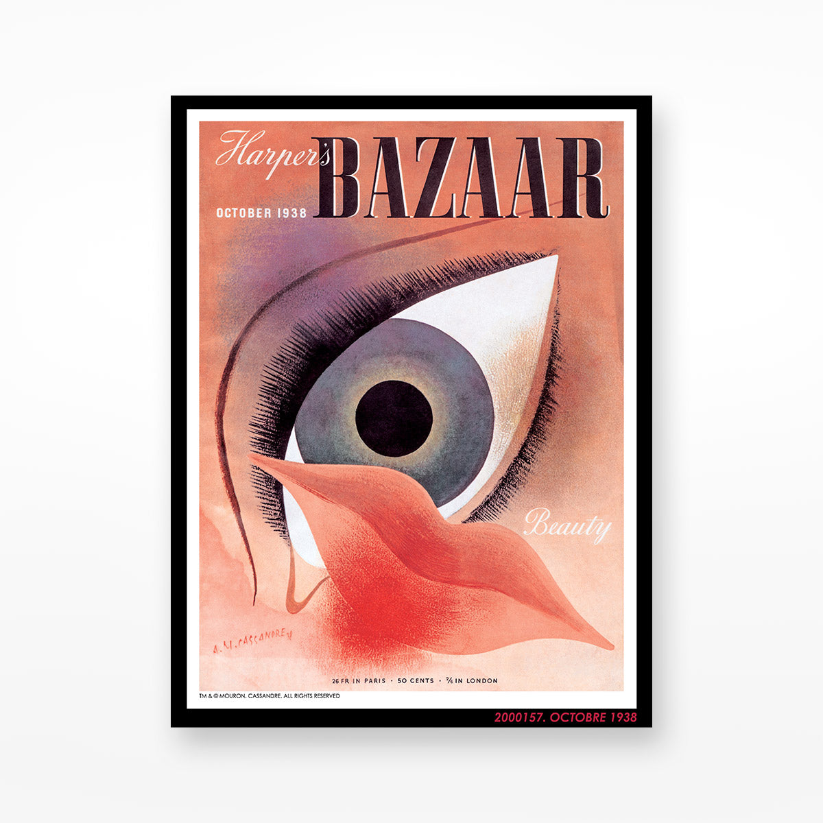 Poster of Harper's Bazaar with vintage artwork of an eye and lips in a black picture frame.