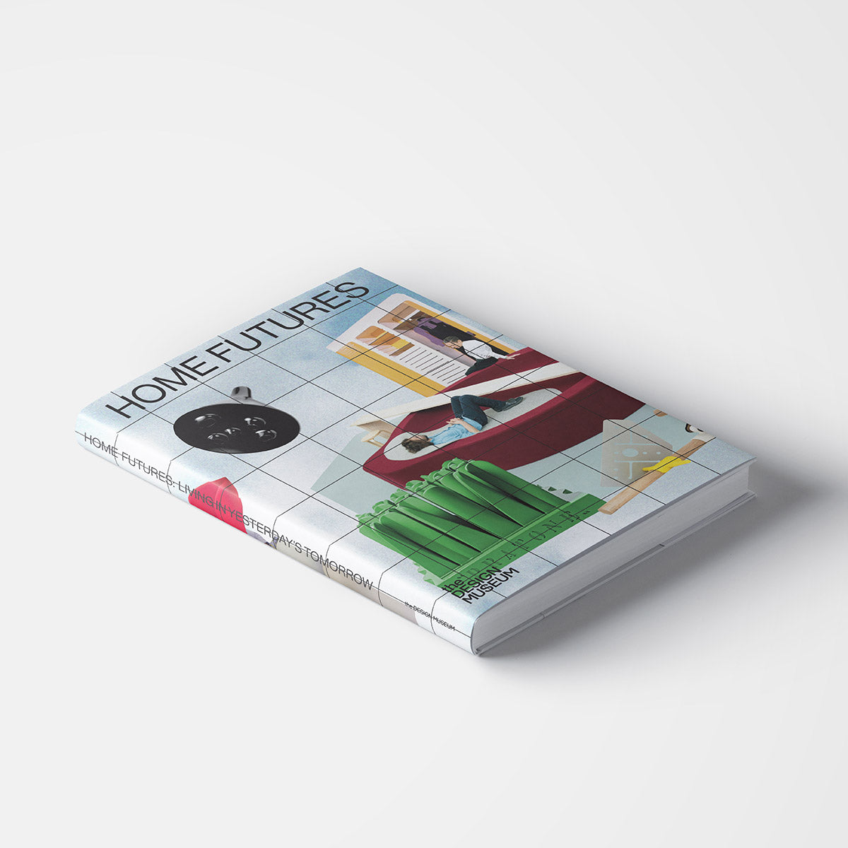 Blue book cover with black grid, black text and yellow, green and red images on a light gray background