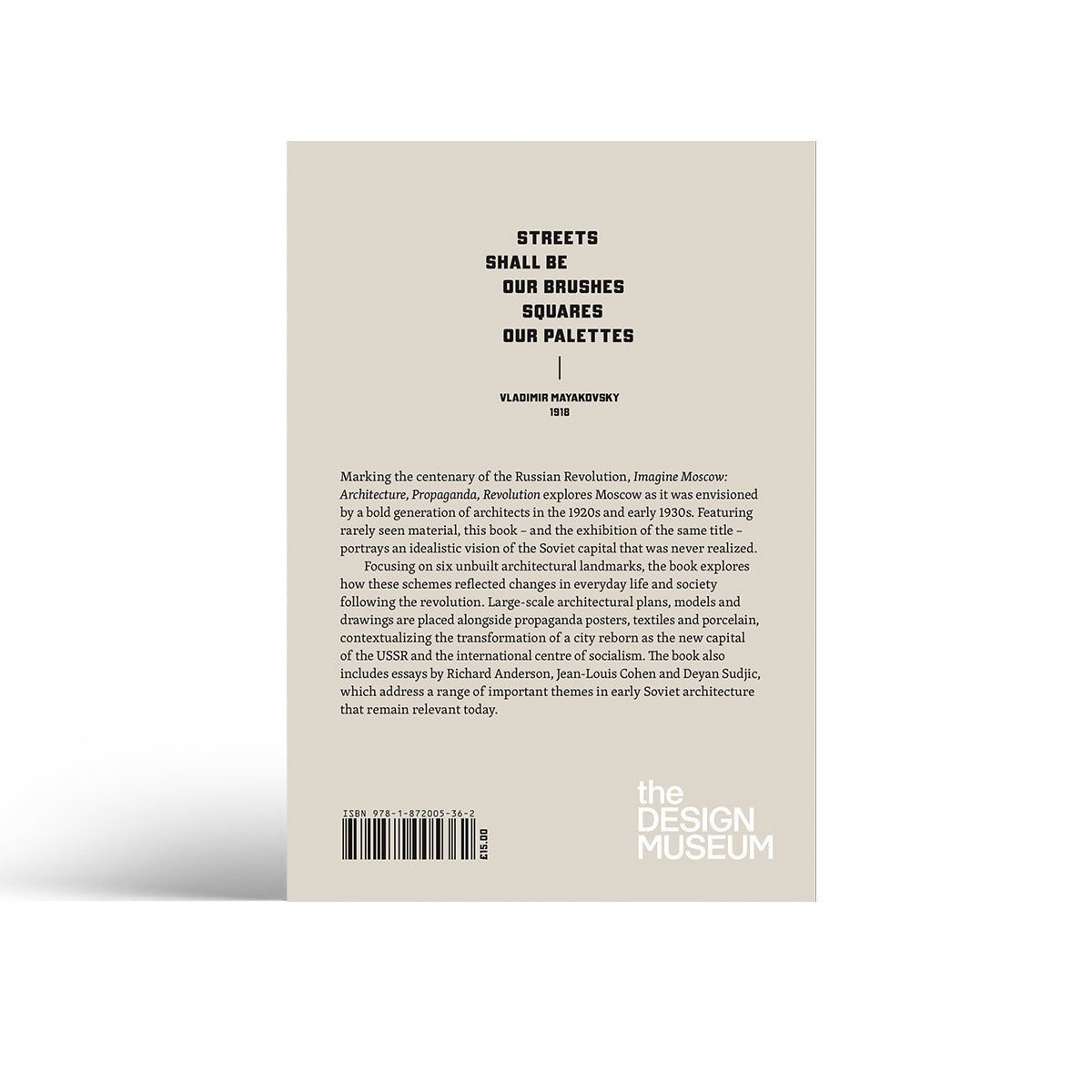 Back cover of grey book with black text on a white background 