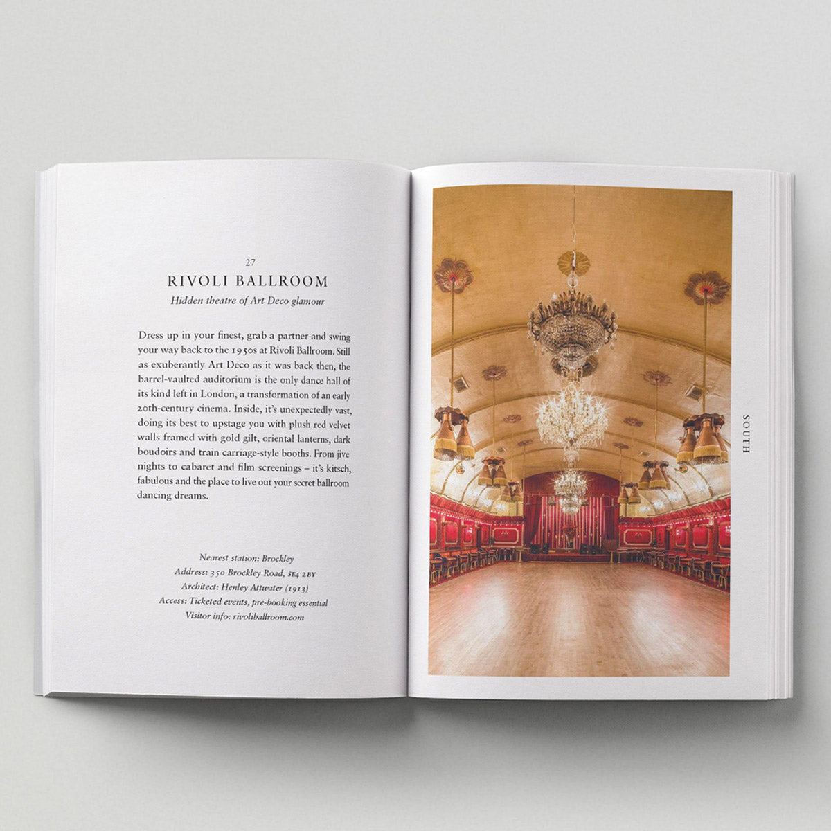 Inside page of Opinionated Guide to London Architecture with image of Rivoli ballroom. 