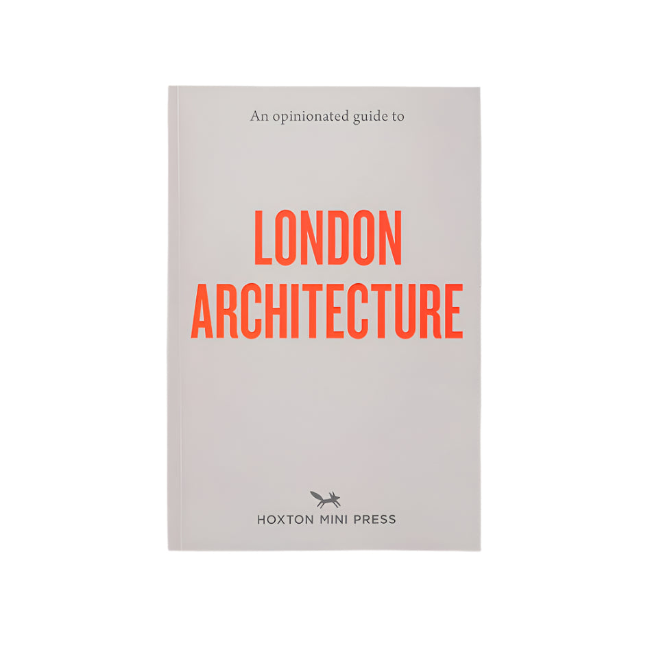 Front cover of An Opinionated Guide To London Architecture with title in bold red text on a light gray background. 