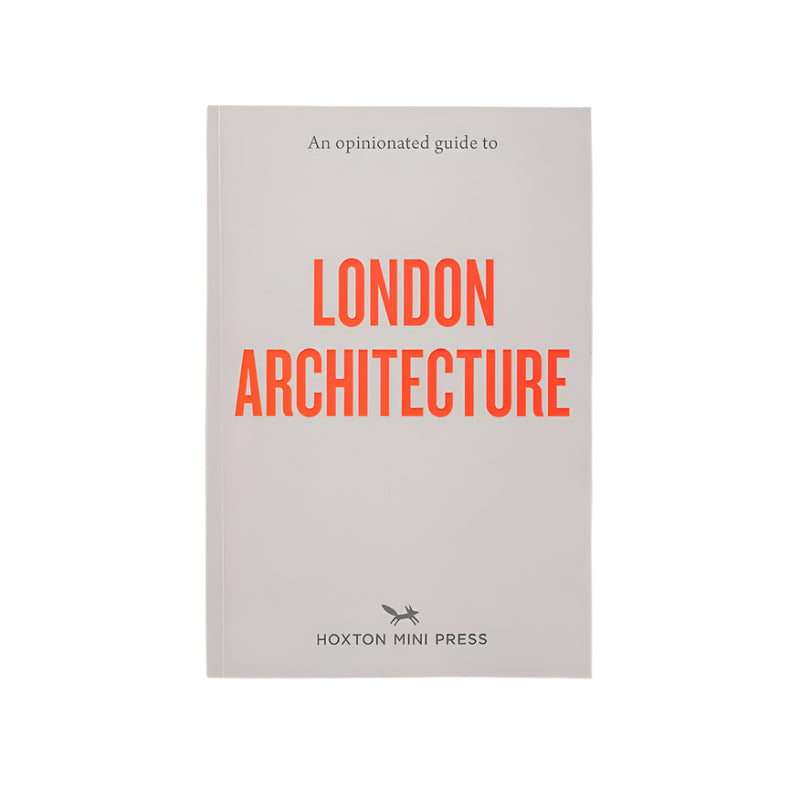 Front cover of An Opinionated Guide To London Architecture with title in bold red text on a light gray background. 