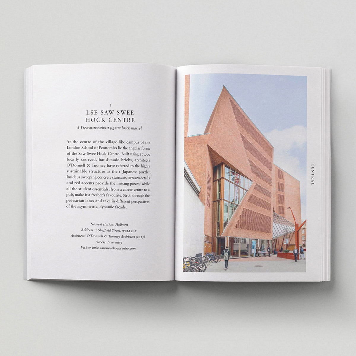 Inside page of Opinionated Guide to London Architecture with photograph of a red brick angular building.