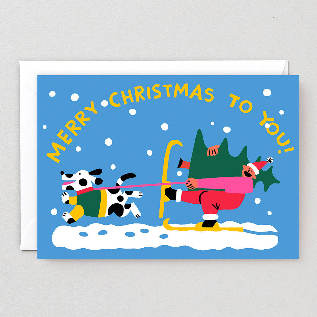 Merry Christmas Skiing Embossed Christmas Card