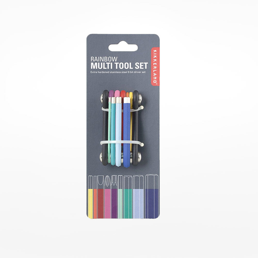 Rainbow multi-tool set with grey packaging on a white background