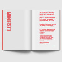 Inside page of sneakers catalogue with bold red quotes on white pages.