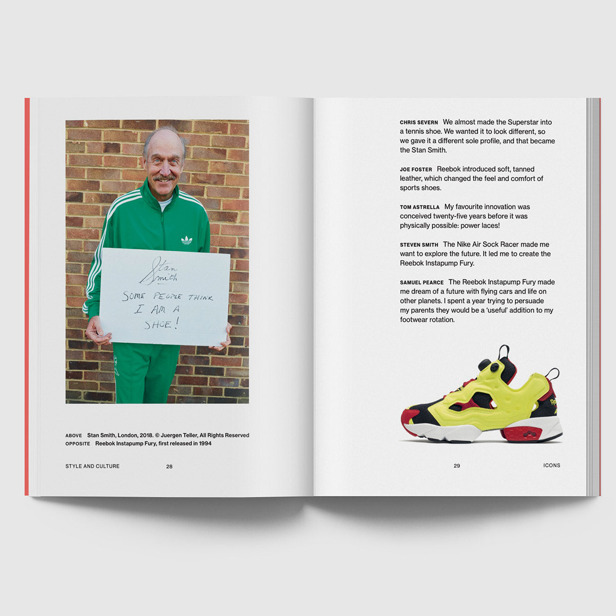 Inside page of Sneakers catalogue featuring Stan Smith in green Adidas tracksuit. 