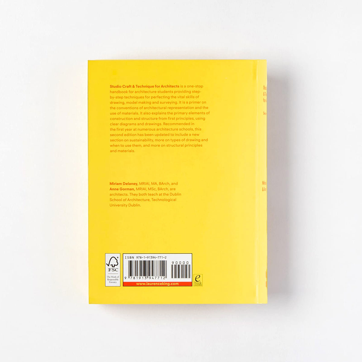 Back cover of Studio Craft with red text against a yellow background. 
