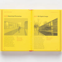 Inside page of Studio Craft with black and white images of models and buildings on a yellow background.