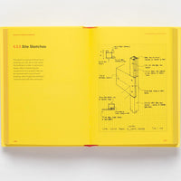 Inside page of Studio Craft with sketches of building parts on a yellow background. 