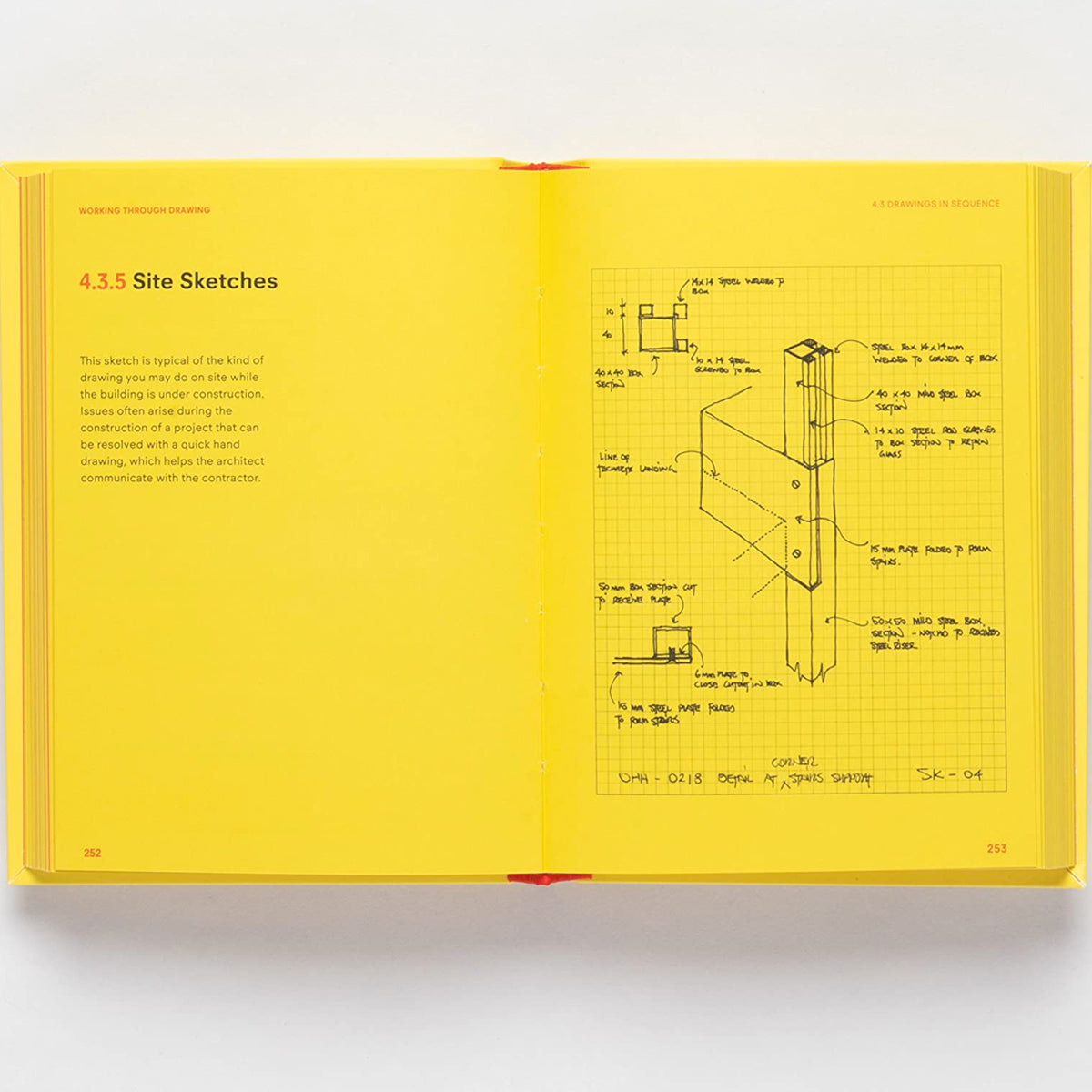 Inside page of Studio Craft with sketches of building parts on a yellow background. 