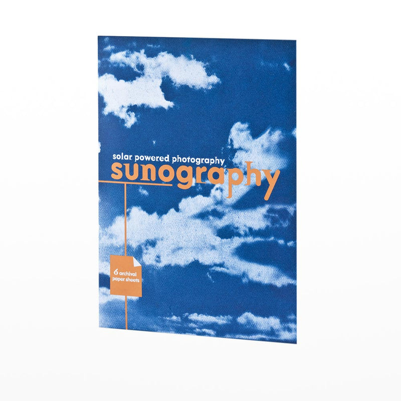 Blue card with white clouds and yellow text titled 'Sunography paper' on a white background