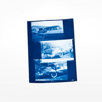 Blue card with images of cars on a white background