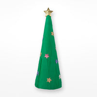 Green paper Christmas Tree decorated with colourful sparkly stars on a white background. 