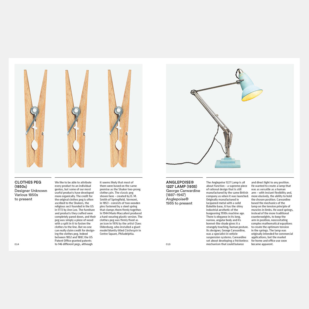 Pages featuring wooden clothes pegs and a blue Anglepoise lamp with black text