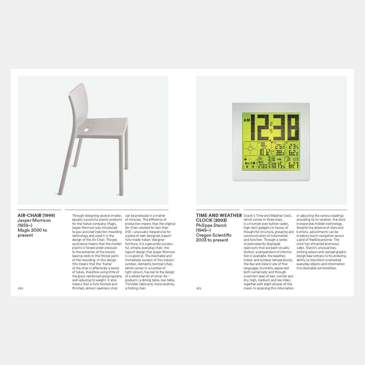 White interior pages featuring a chair and a clock with black text