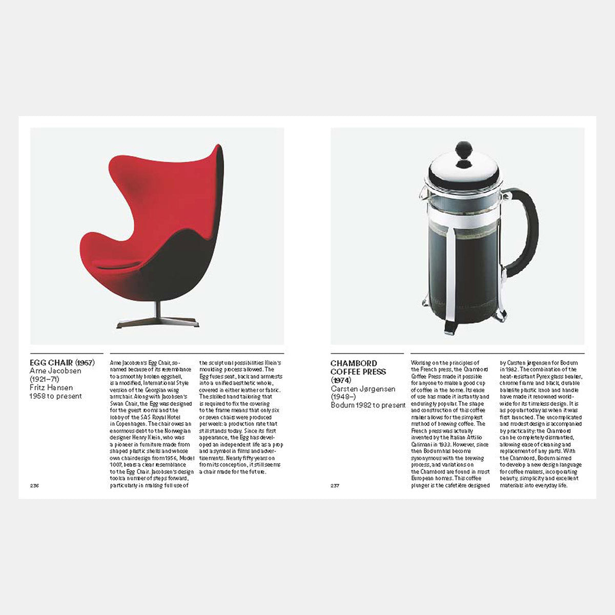 White pages featuring a red 'Egg' chair and a silver coffee press with black text