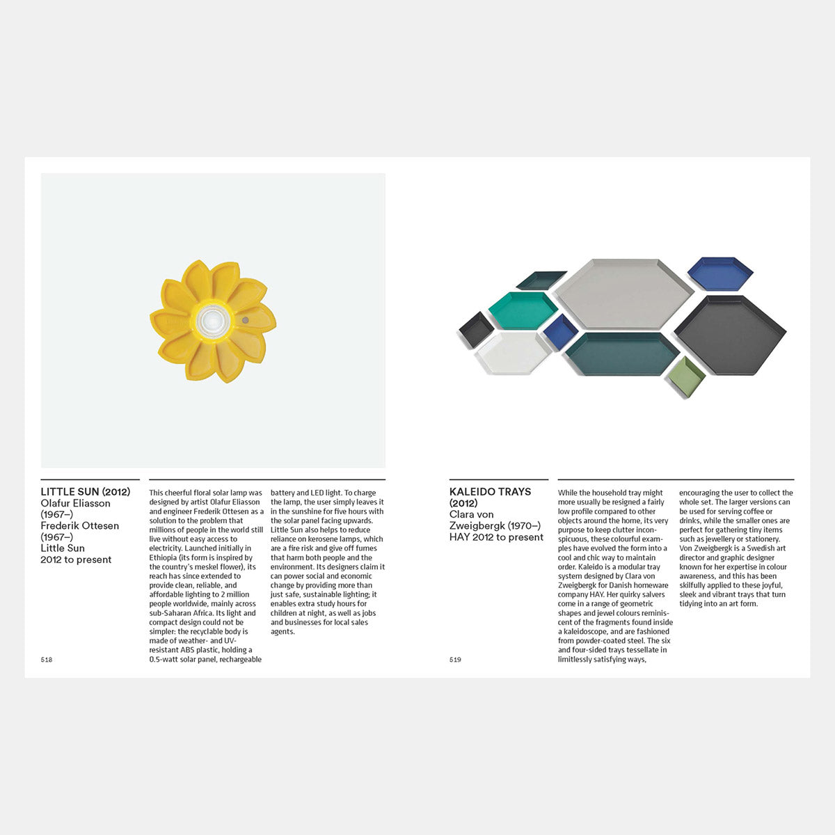 Pages featuring yellow flower lamp and blue and green hexagonal trays with black text