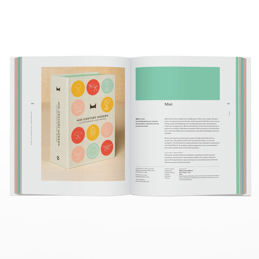 White pages with teal, yellow and red images and black text on a white background