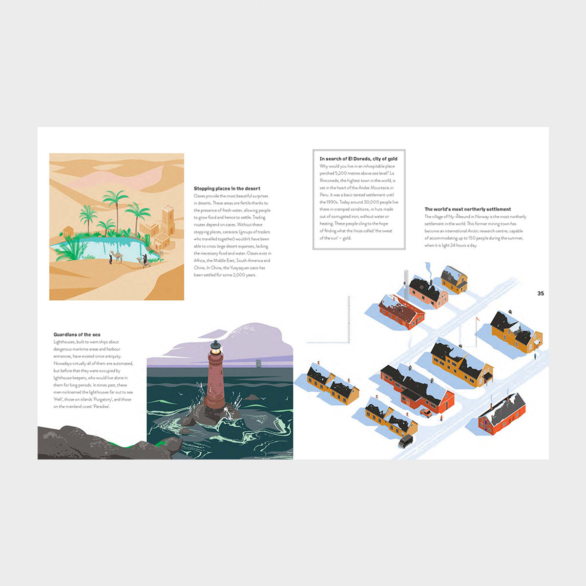 Inside pages of The Homes We Build with cartoons of the desert and the sea