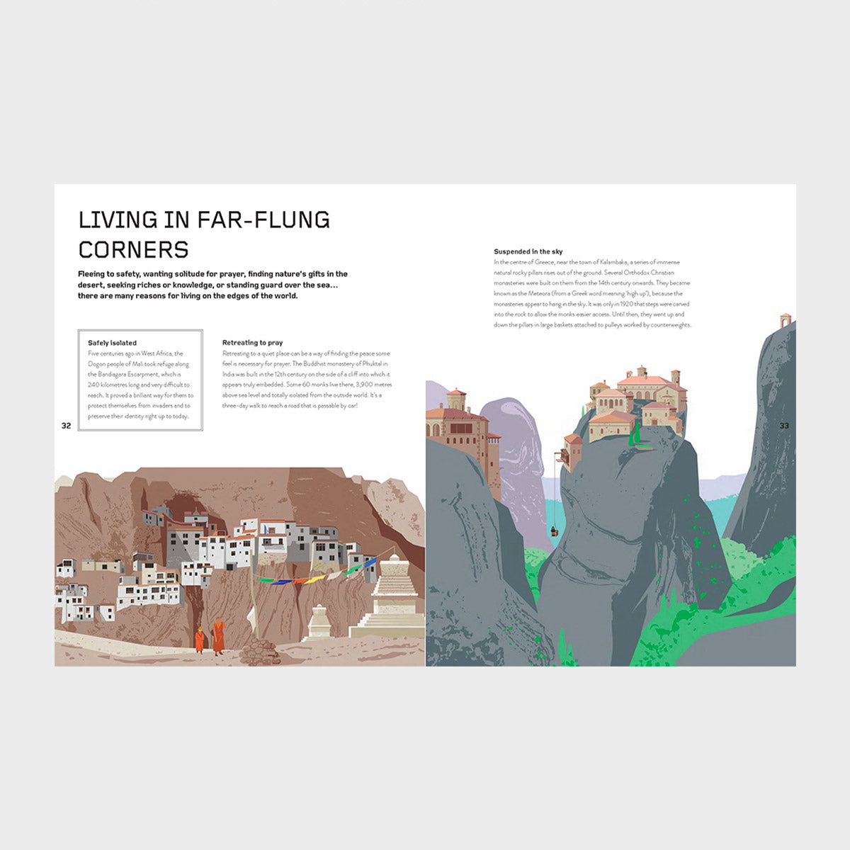 Open pages of The Homes We Build with cartoons of houses on cliffs.