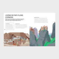 Open pages of The Homes We Build with cartoons of houses on cliffs.