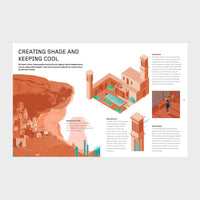 Inside pages of The Homes We Build featuring cartoons of houses inside cliffs