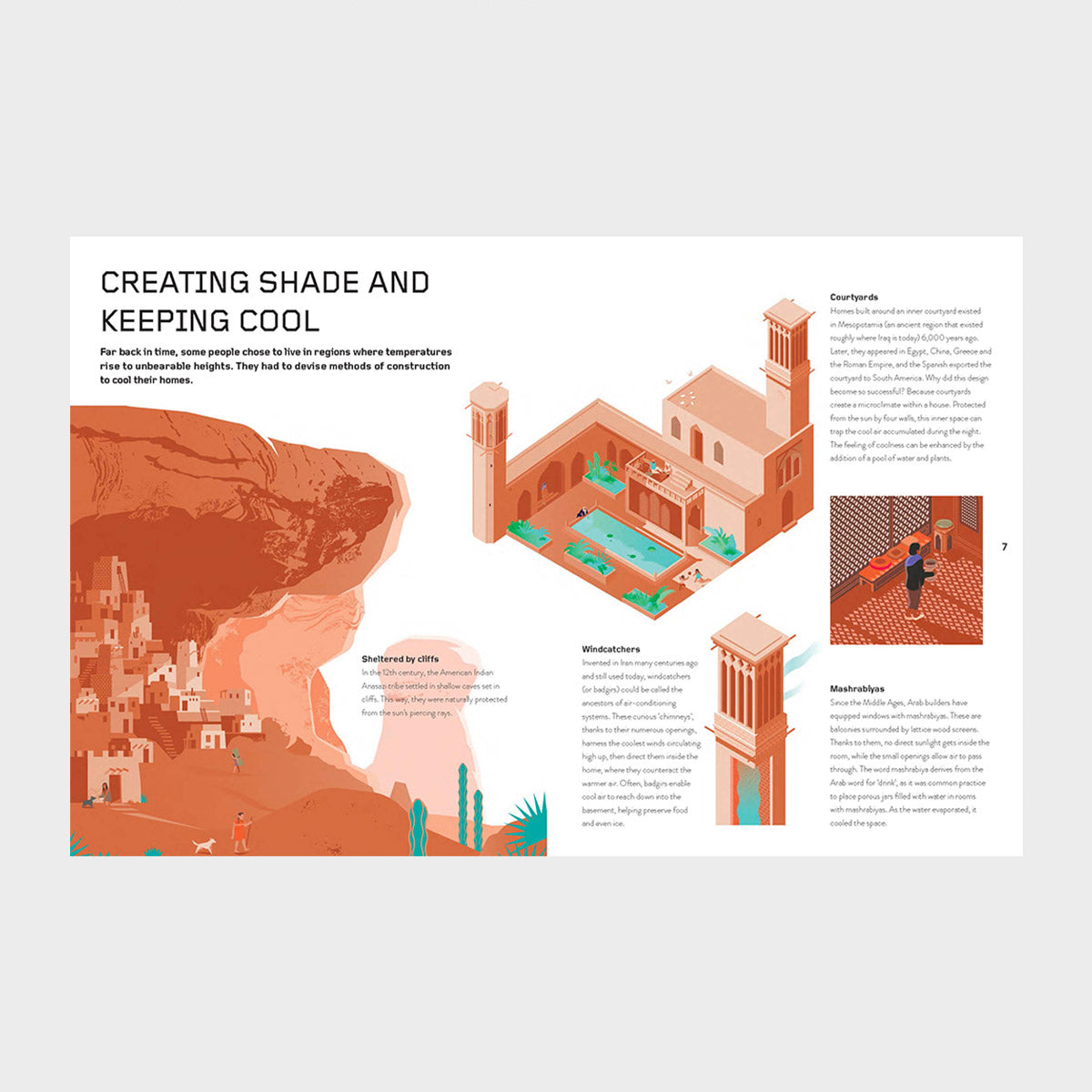 Inside pages of The Homes We Build featuring cartoons of houses inside cliffs