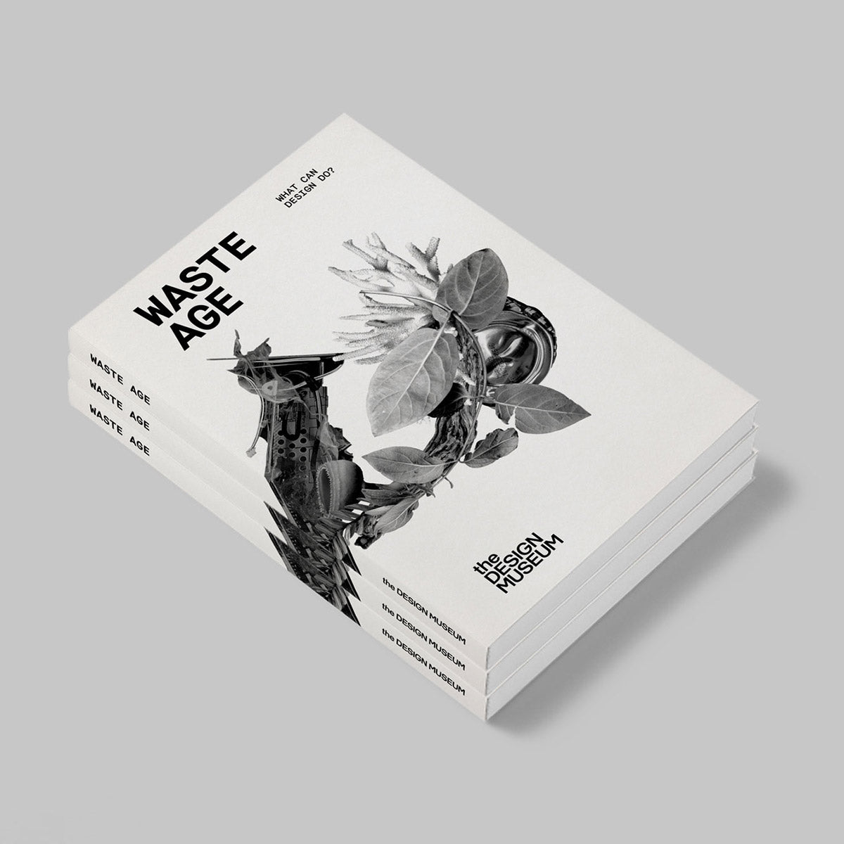 A black and white image of the exhibition catalogue cover titled 'Waste Age: What can design do?' featuring a design with plants and what appears to be a bird.