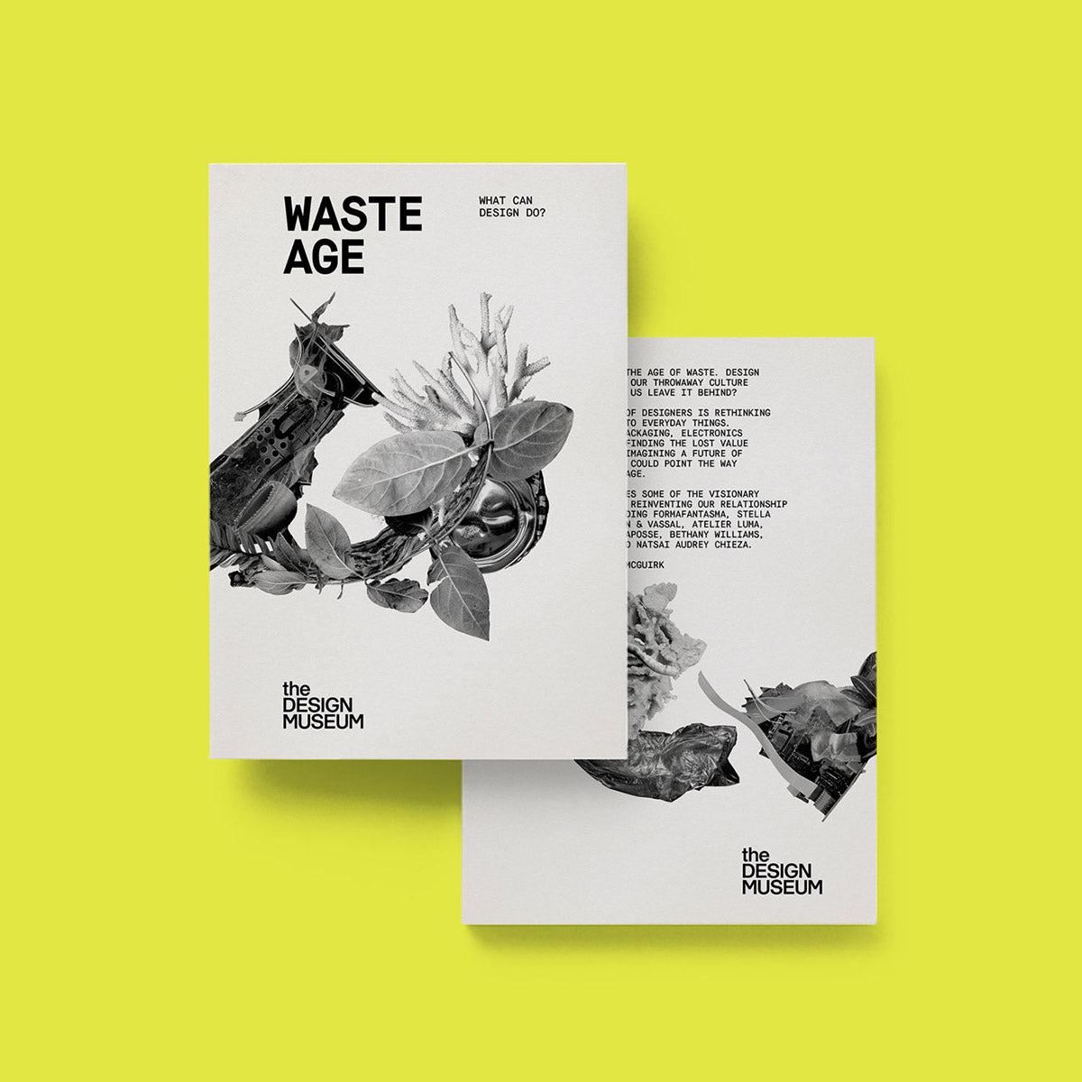 Front and back covers of waste age catalogue against a bright yellow background.