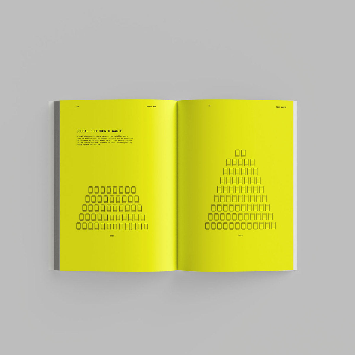 Inside page of Waste Age catalogue featuring outlines of mobile phones on a bright yellow background.