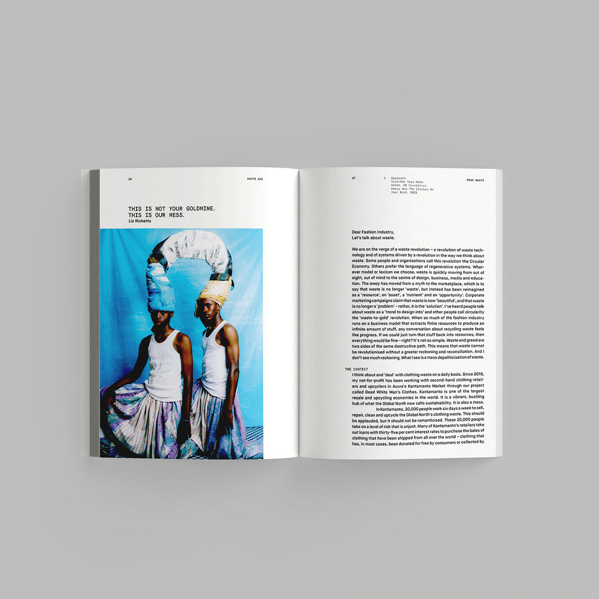 Inside page of Waste Age catalogue featuring models wearing waste fashion.