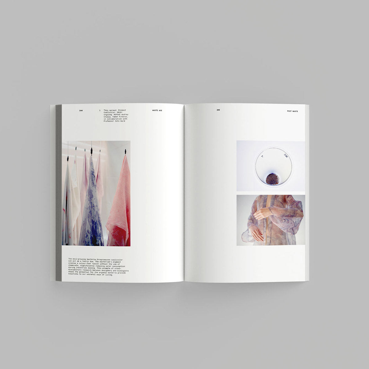 Inside page of Waste Age catalogue featuring cloths dyed with bacteria.