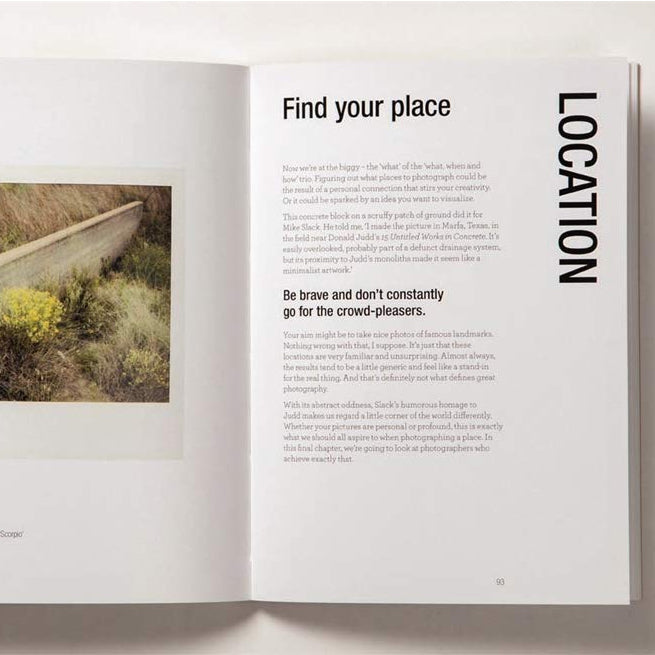 Inside page of Good Photographs of Places with a photographs of a wall with grass and black text on a white background.