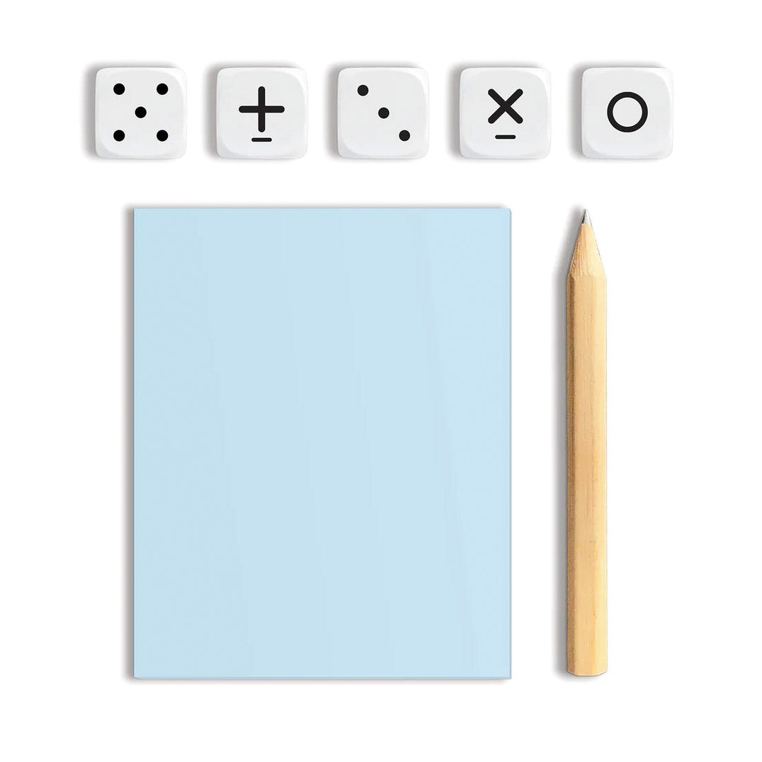 A set of die with a pale blue pad of paper and a pencil on a white background.
