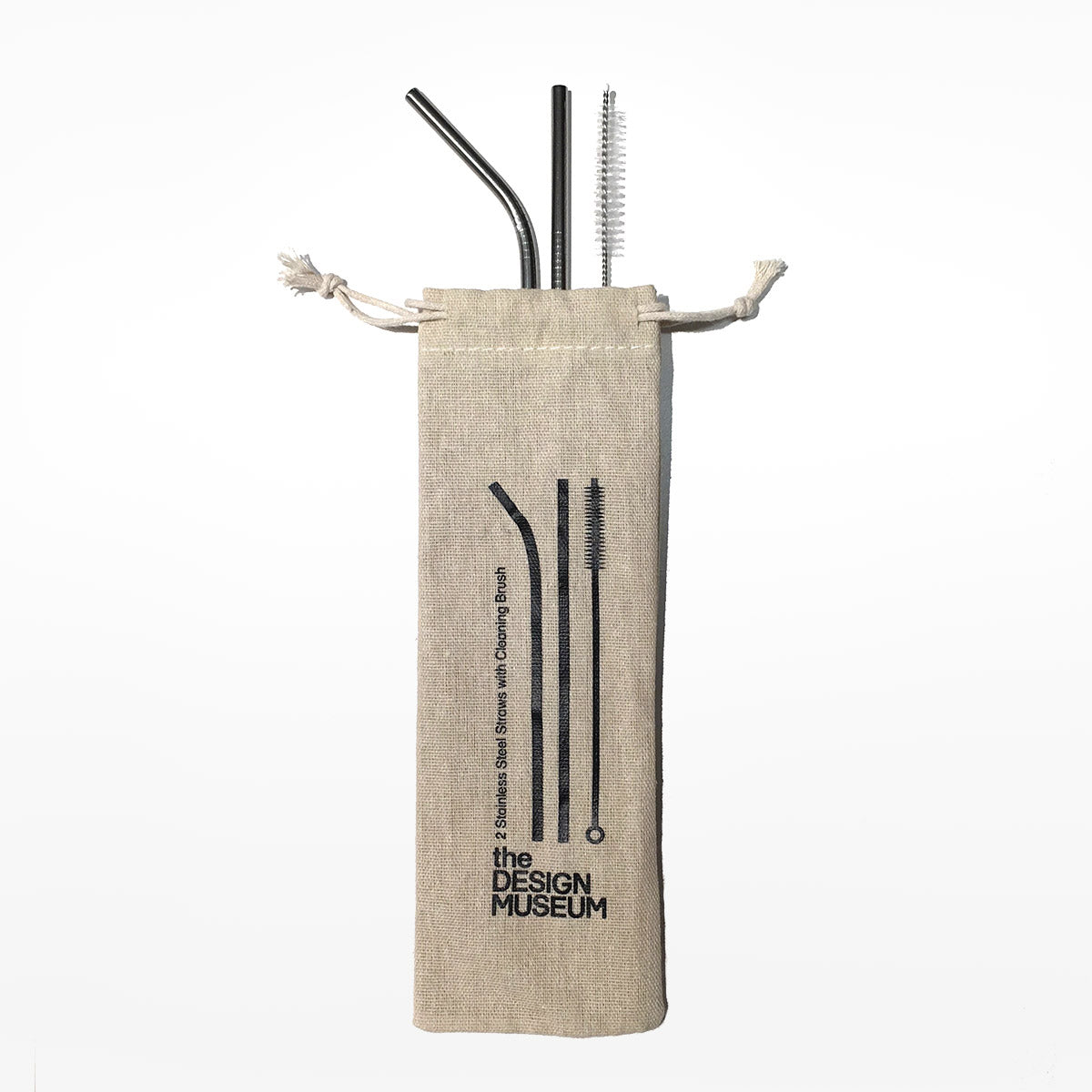 Stainless Steel Straw Set in brown fabric bag with Design Museum logo on a white background